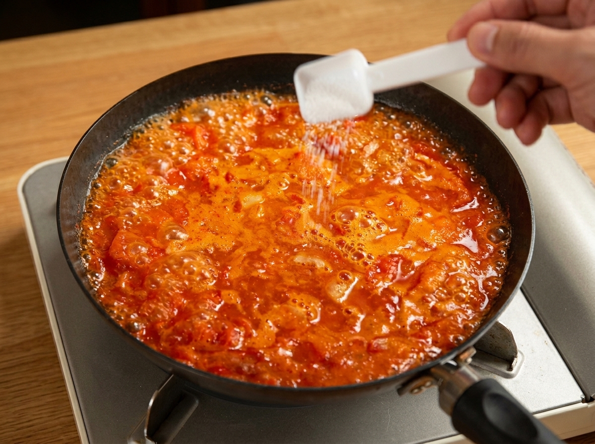 A hand holding a small white measuring spoon, sprinkling salt into a simmering, bright red tomato sauce in a black skillet.