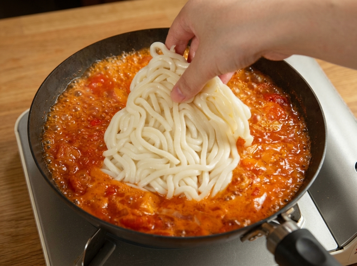 A hand placing a bundle of thick, white udon noodles into a pan of bubbling red tomato and bacon sauce.
