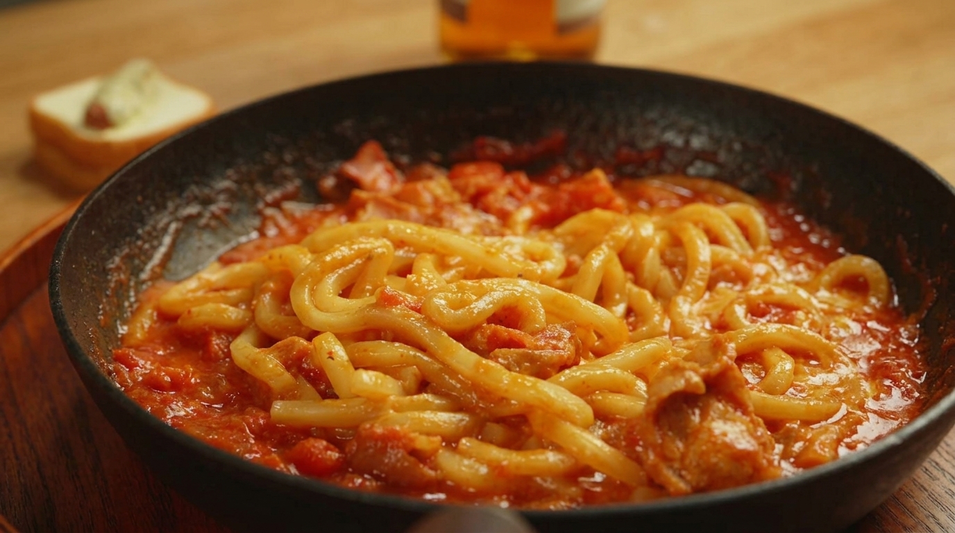 Cheesy Tomato Bacon Udon Noodles