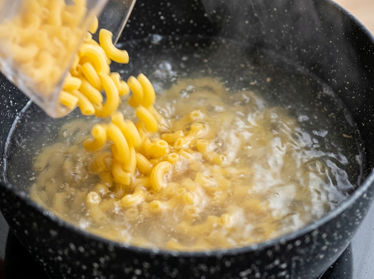 Dry macaroni pieces tumbling from a clear container into a black pot filled with bubbling boiling water.