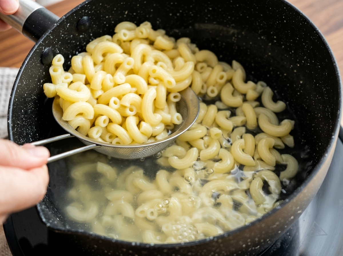 Cooked macaroni being lifted out of a pot of hot water using a wire mesh strainer.