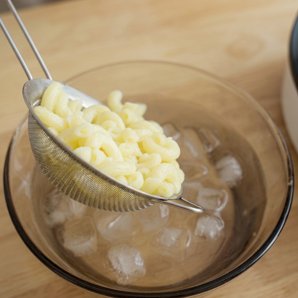 Hot macaroni being transferred from a wire strainer into a glass bowl containing cold water and ice cubes.