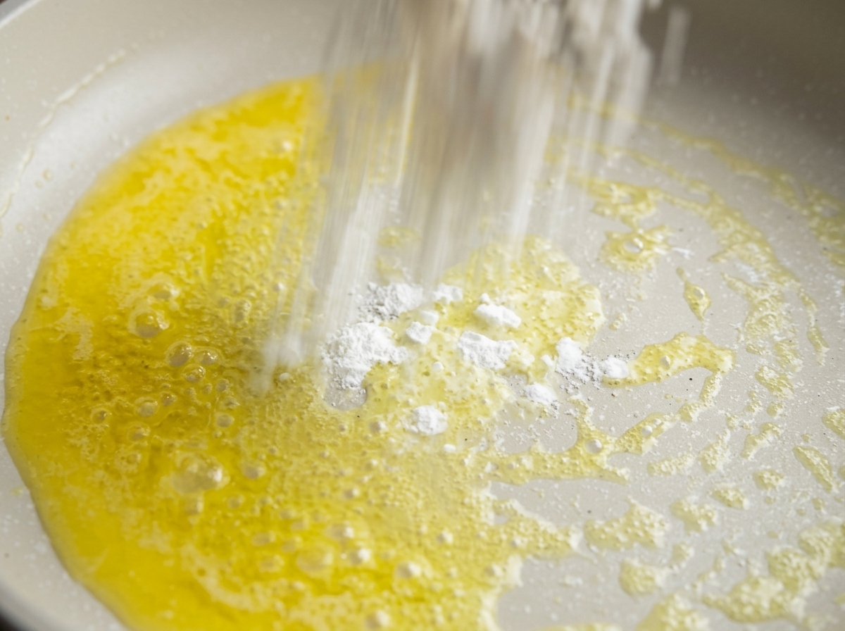 White cornstarch powder being poured into bright yellow melted butter sizzling in a pale pan.