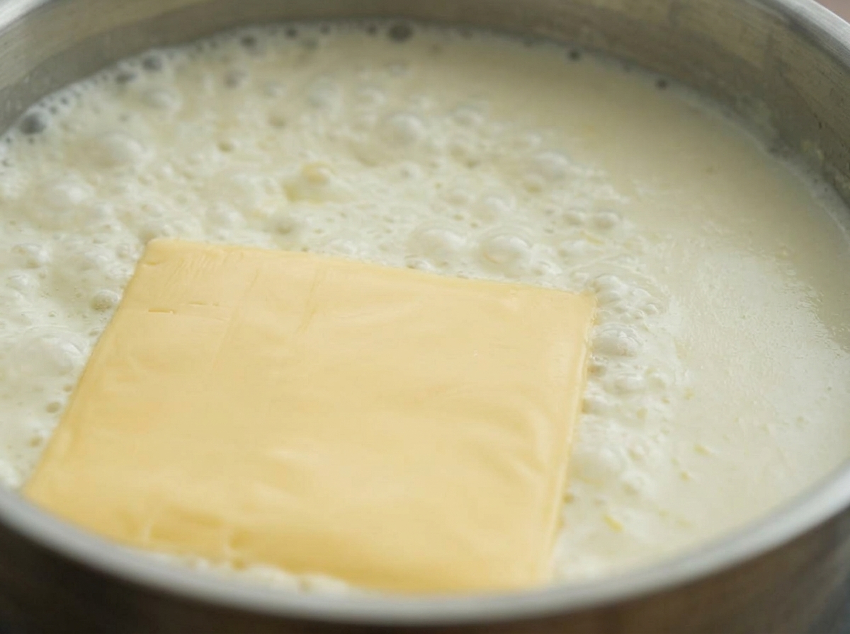 A square slice of yellow cheese melting into a bubbling, creamy white milk sauce in a pan.