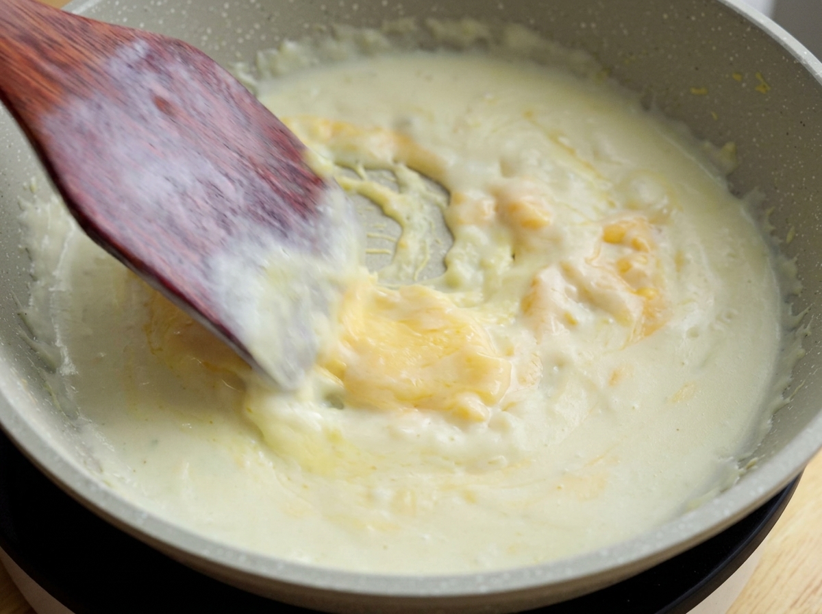 A wooden spatula stirring half-melted cheese slices into a creamy white liquid inside a light-colored pan.
