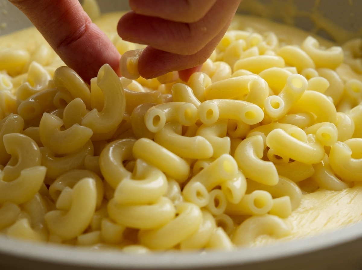 Fingers gently dropping handfuls of cooked, pale yellow macaroni into a pan filled with smooth cheese sauce.