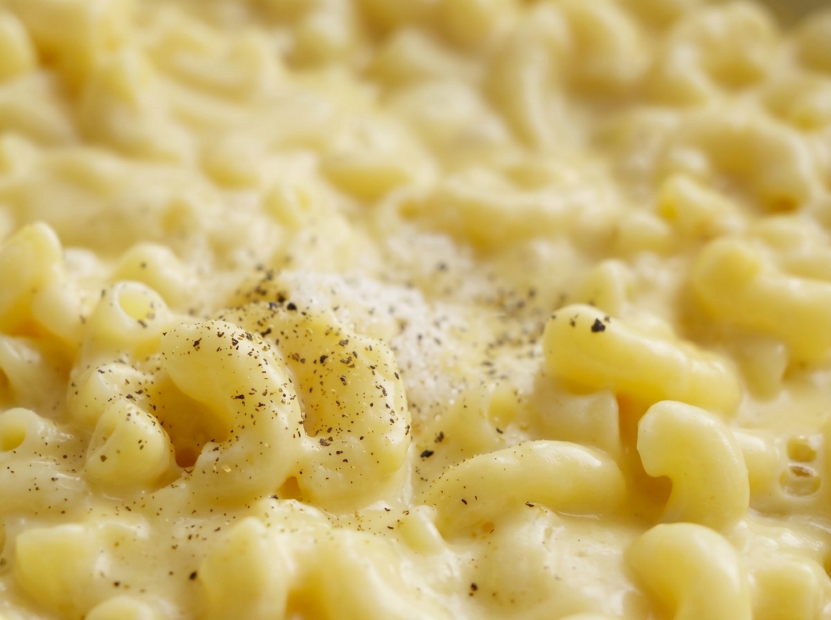 Close-up of creamy macaroni and cheese speckled with freshly ground black pepper.