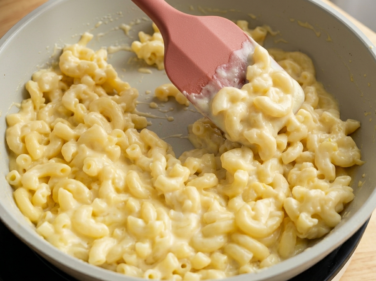 A pink silicone spatula stirring creamy macaroni and cheese in a light-colored pan.