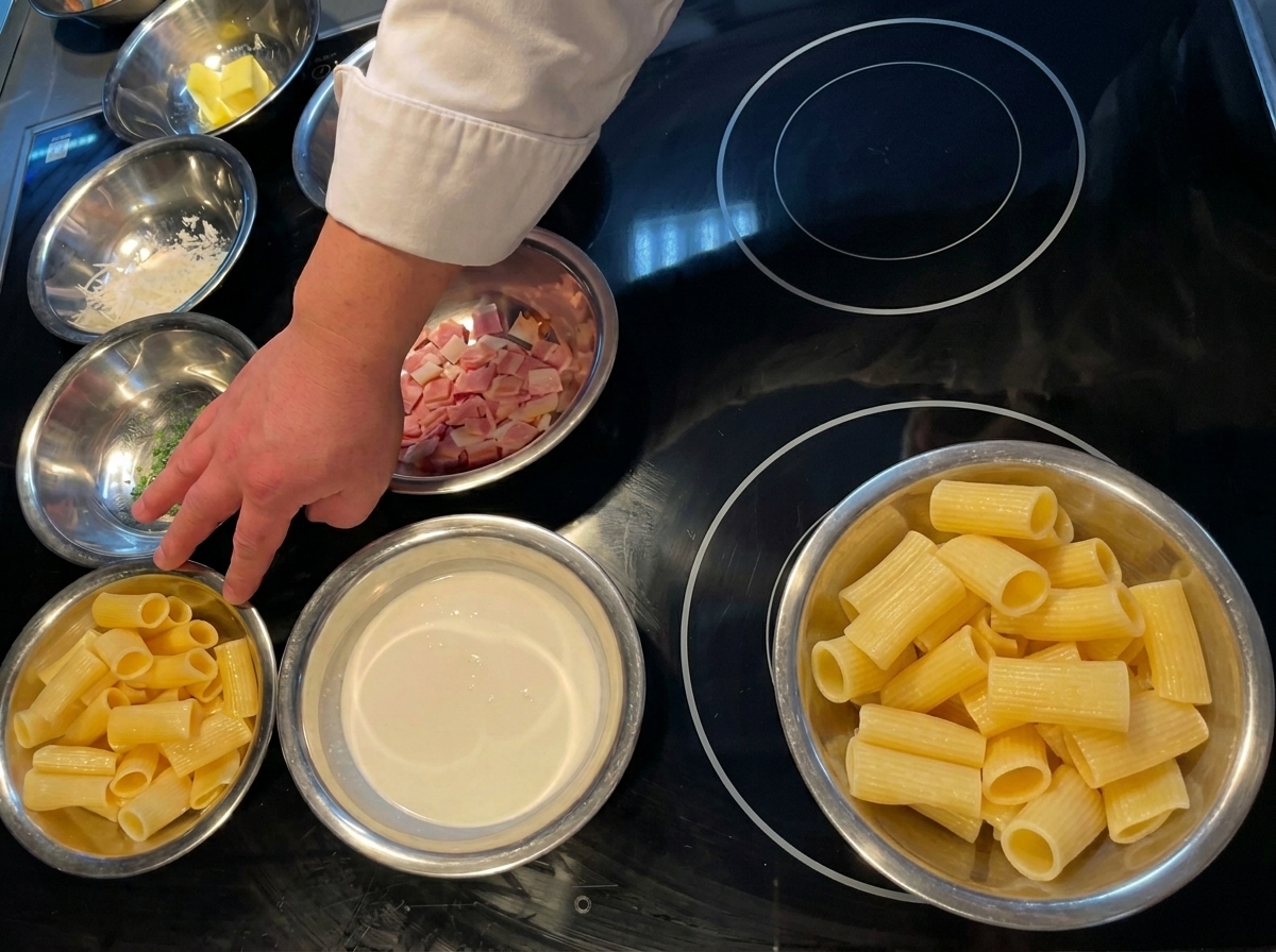 Pre-measured cooking ingredients including macaroni, cream, and diced bacon arranged in small metal bowls.