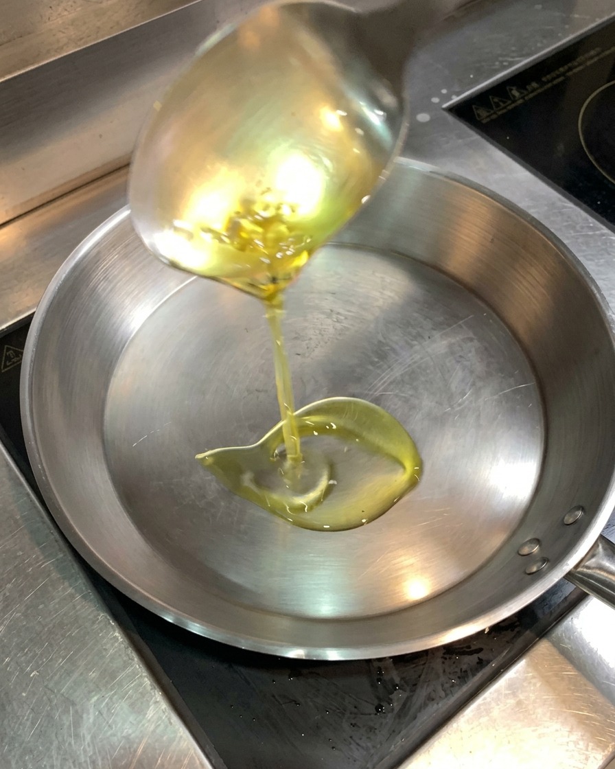 A ladle pouring clear cooking oil into a hot stainless steel pan.