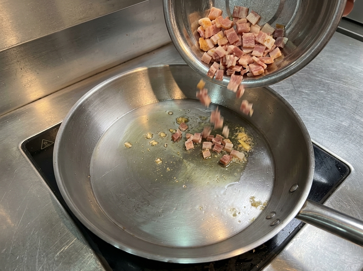 Raw diced bacon being dropped into a hot pan with oil from a metal bowl.