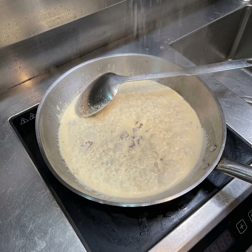 Salt being sprinkled from above into a simmering pan of cream and bacon bits.