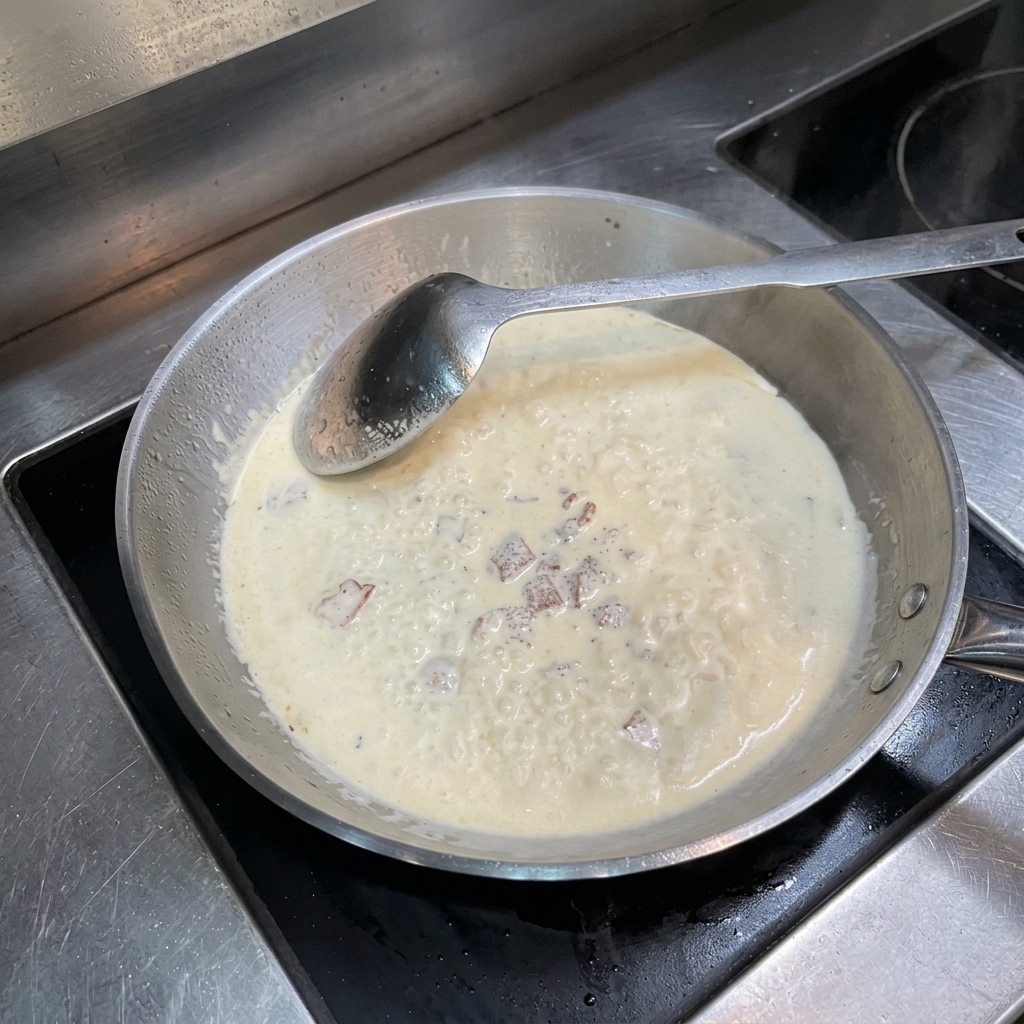 A stainless steel pan filled with bubbling white cream sauce, crispy bacon pieces, and flecks of black pepper, with a metal ladle resting inside.