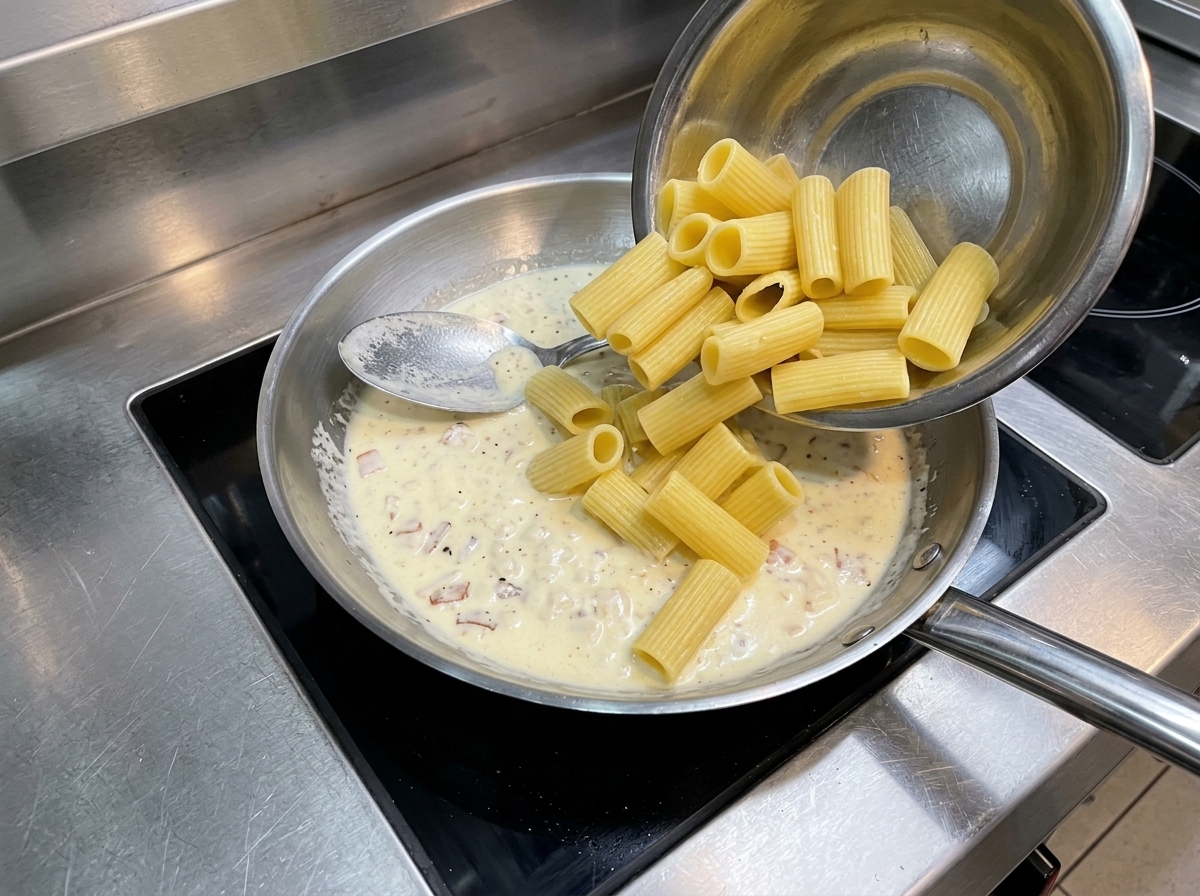 Pre-cooked rigatoni pasta being poured from a metal bowl into a pan of simmering cream sauce.