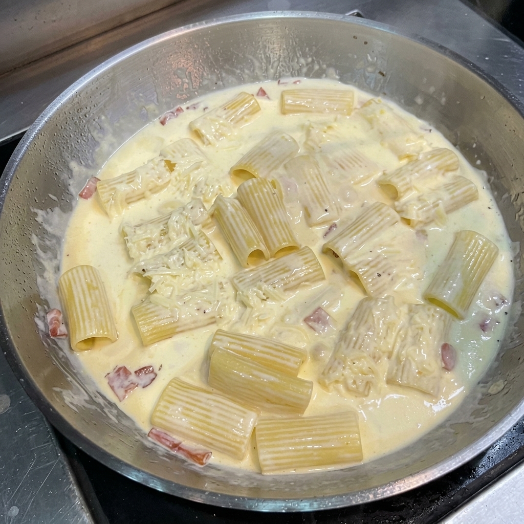 Macaroni pasta and bacon bits simmering in a creamy sauce in a stainless steel pan, with a small piece of butter melting on top.
