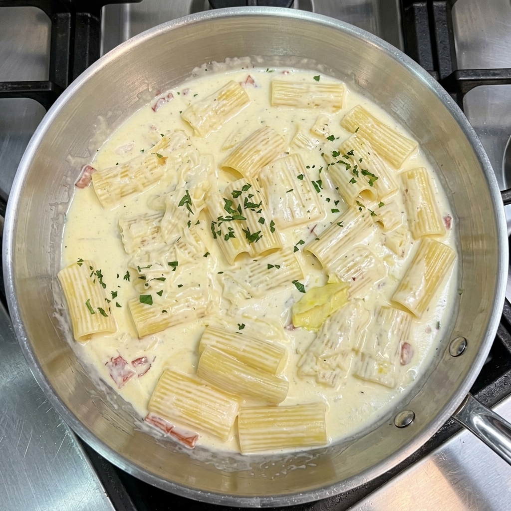 Rigatoni pasta in a creamy white sauce with bacon pieces, being garnished with freshly chopped green parsley in a pan.