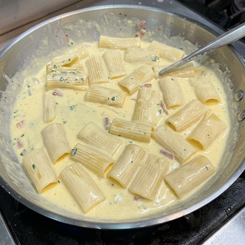 Rigatoni pasta thoroughly coated in a rich cream sauce with bits of bacon and parsley topped with sliced chicken breast.