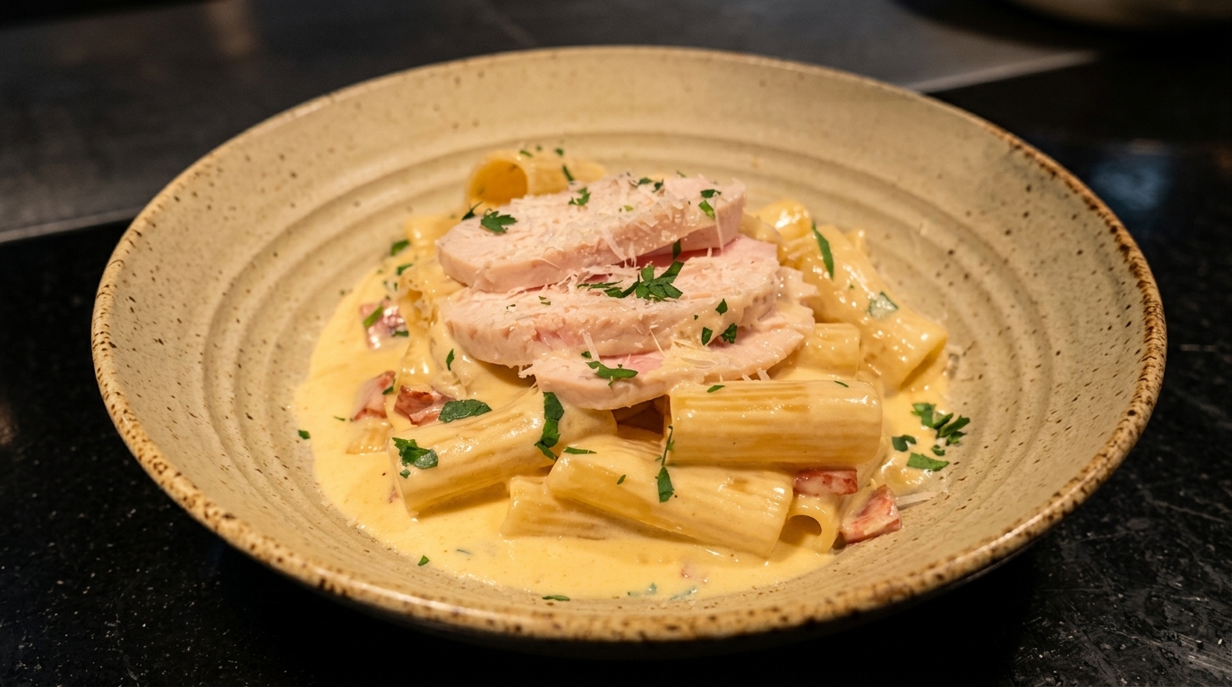 Creamy Bacon Rigatoni with Sliced Chicken