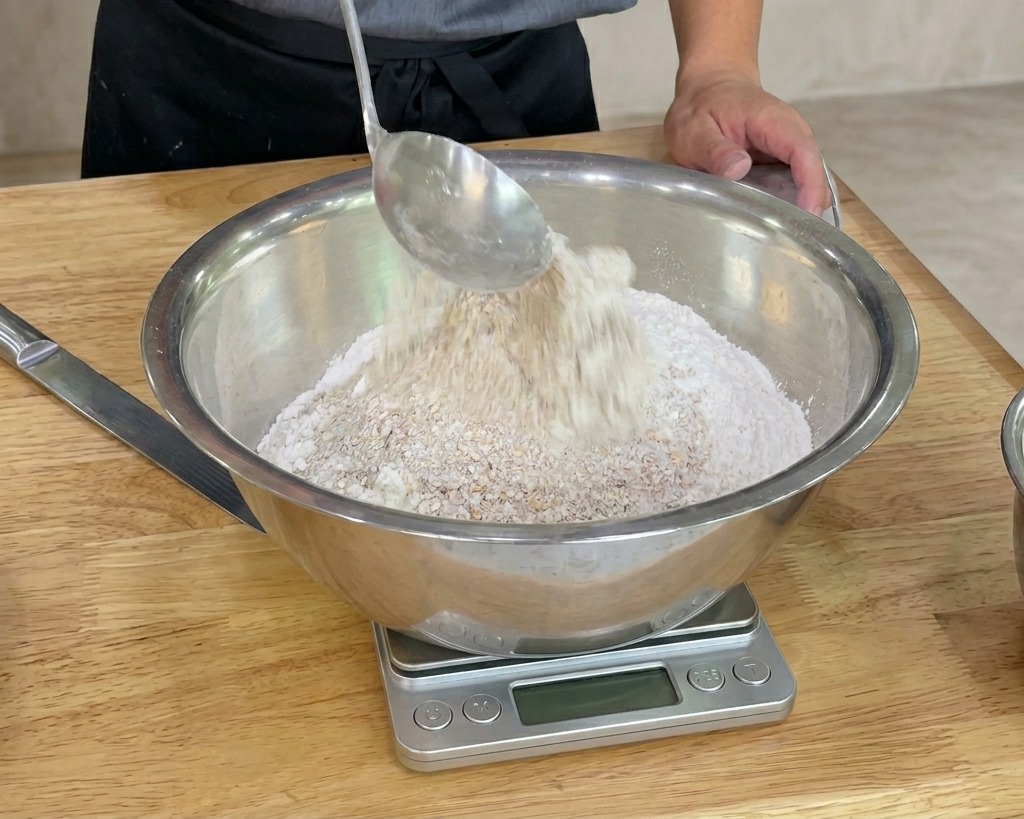 A metal ladle pouring whole wheat flour onto a mound of white flour in a large stainless steel bowl.
