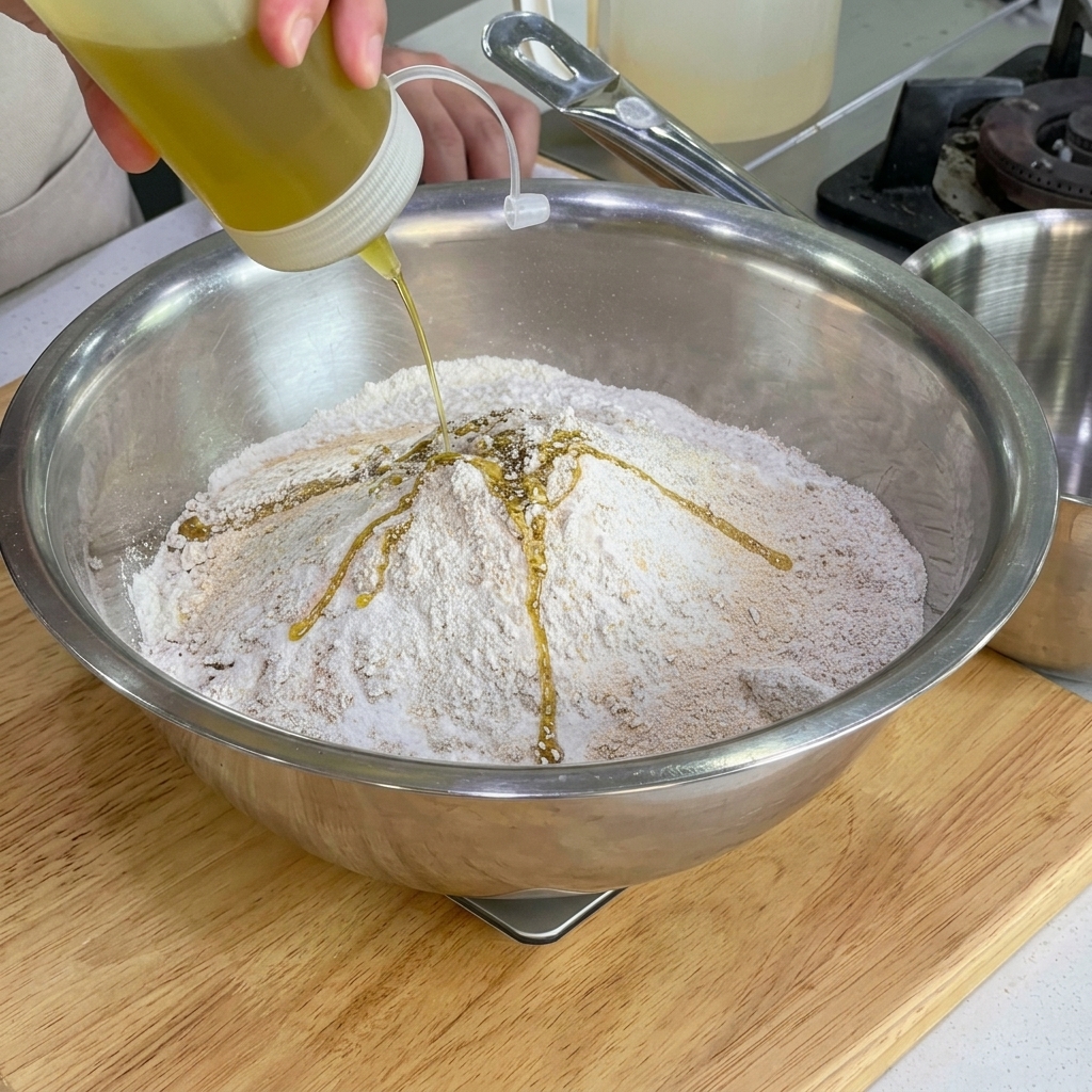 A squeeze bottle pouring golden olive oil over a mound of flour in a stainless steel mixing bowl.