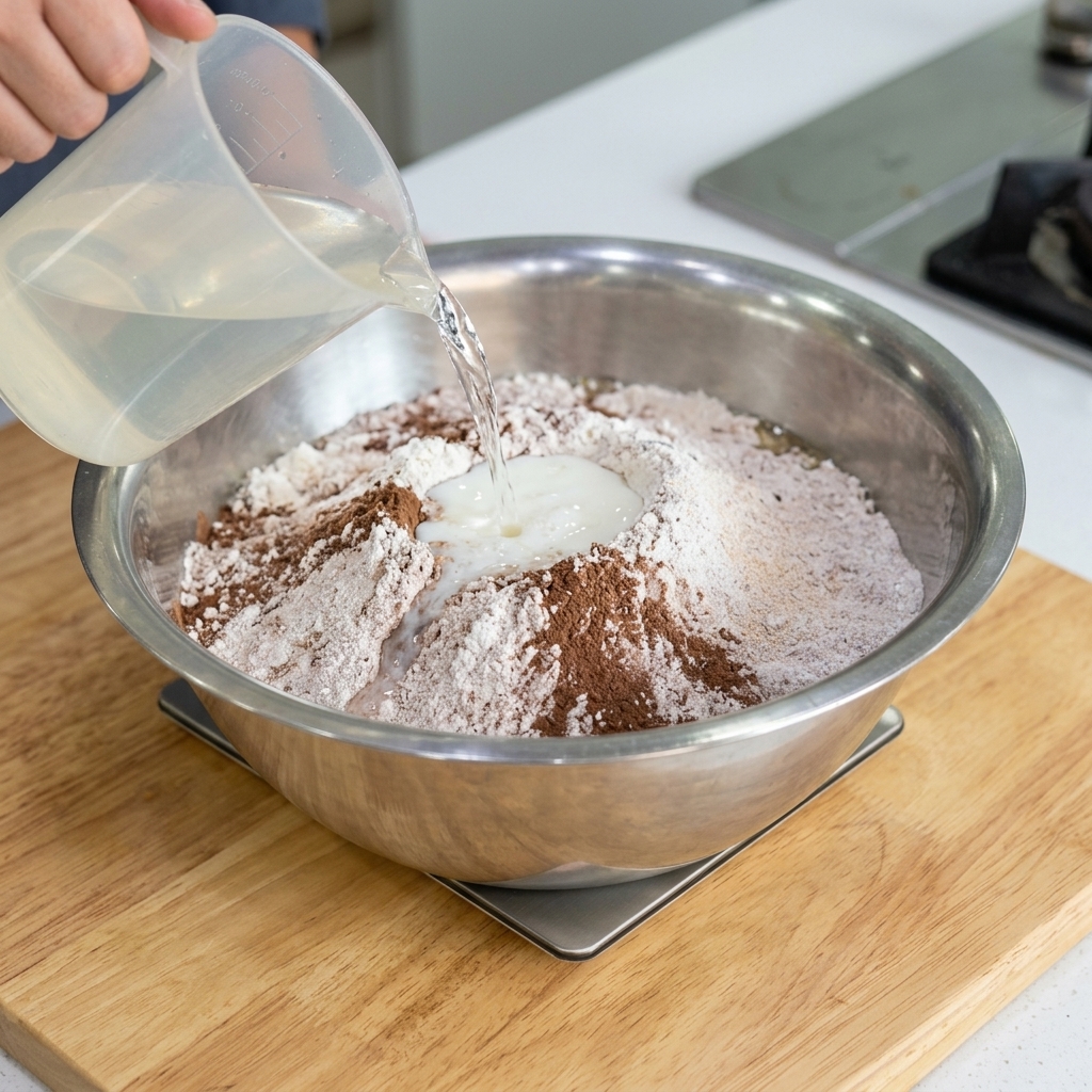 Clear water being poured from a plastic measuring pitcher into a mixing bowl containing flour and other dry ingredients.