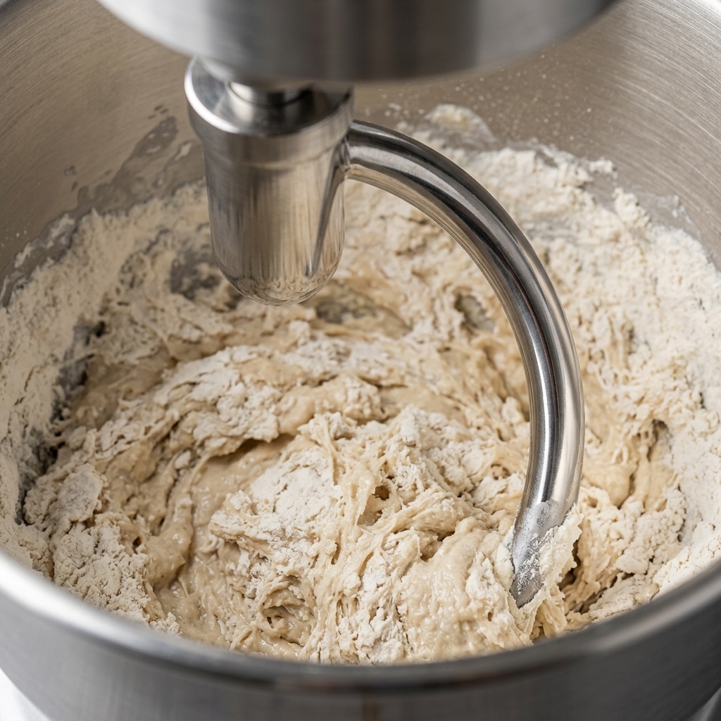 A stainless steel stand mixer with a dough hook attachment actively kneading sticky pizza dough.