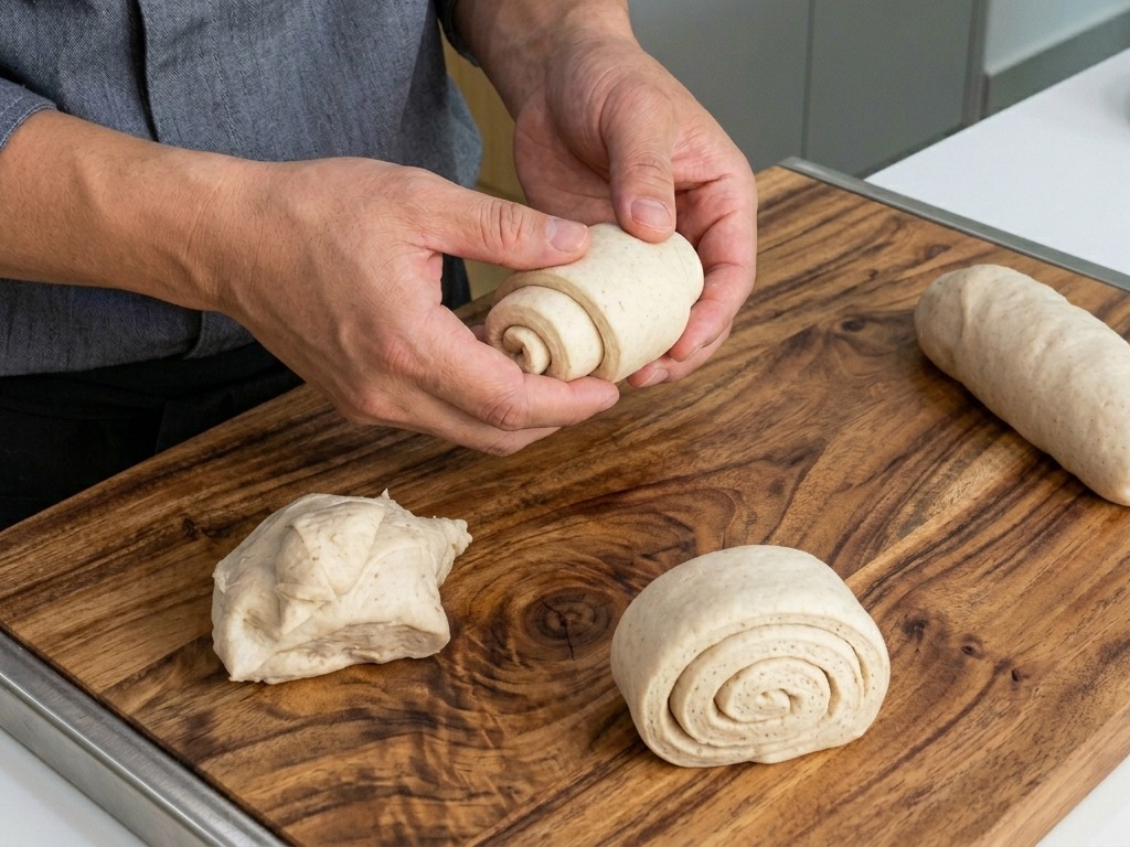 Hands rolling and shaping a portioned piece of dough into a smooth round ball.