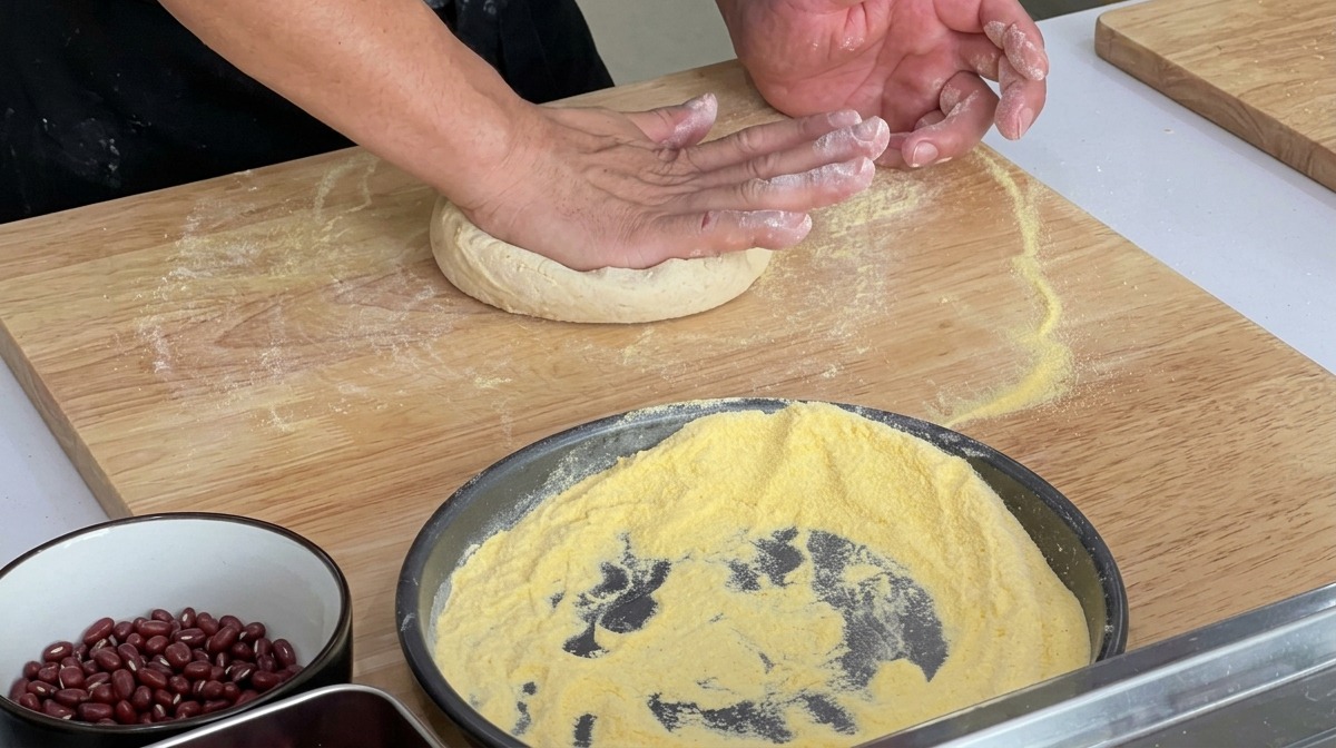 Chef pressing a proofed pizza dough ball flat with hands on a surface dusted with yellow flour.