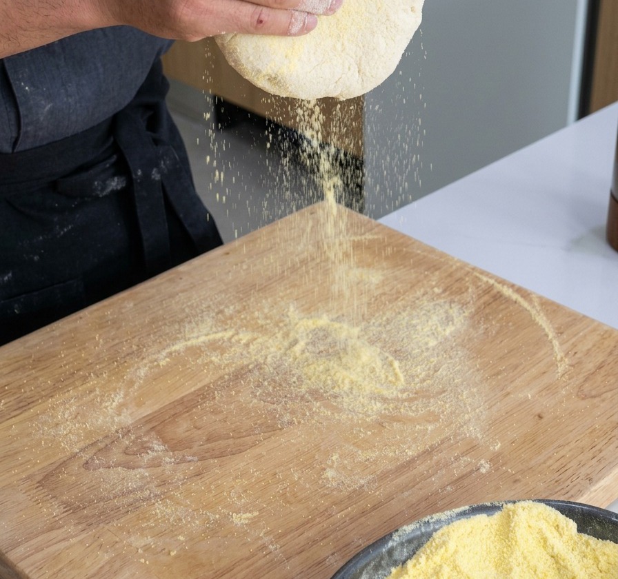 Holding the pizza dough vertically, allowing the yellow flour to fall as gravity stretches the center thinner.