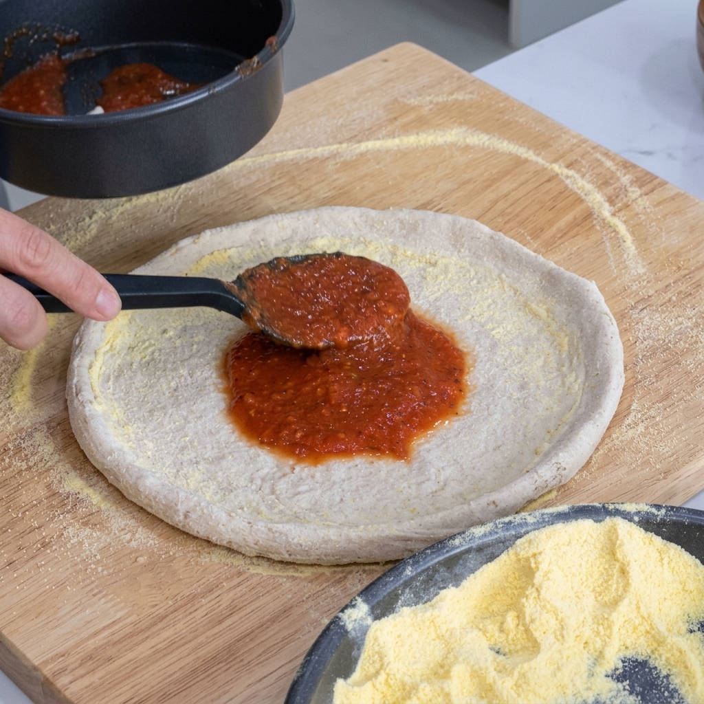 Spreading red pizza sauce onto pizza dough with a spoon.
