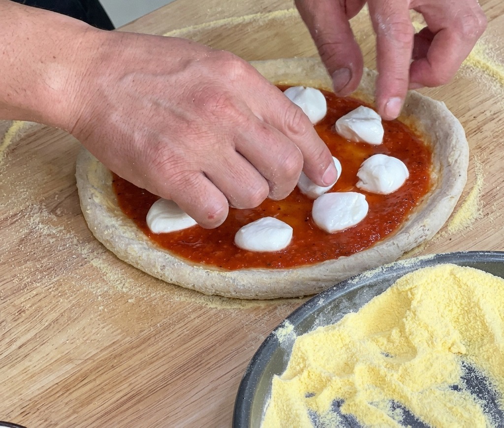 Placing fresh white mozzarella pieces onto pizza dough.
