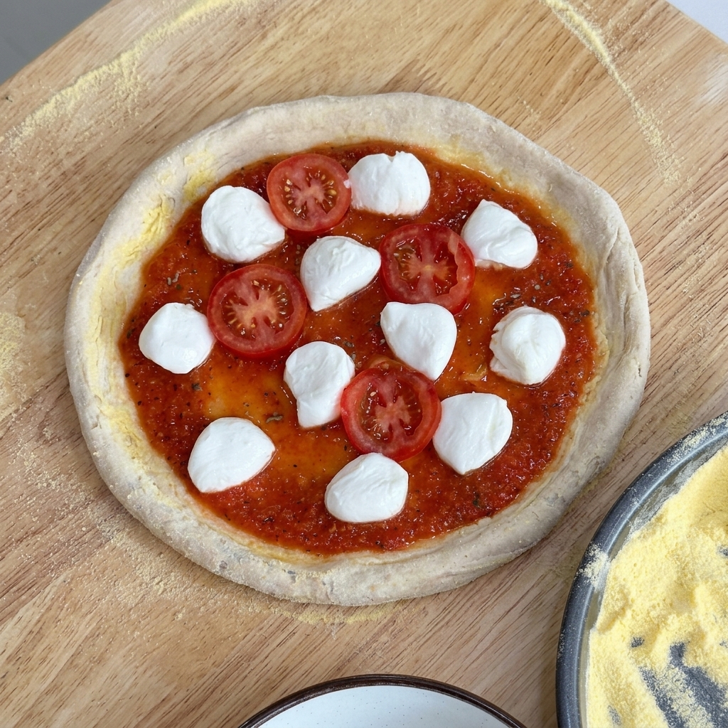 Pizza dough topped with tomato sauce, mozzarella balls, and cherry tomato slices.