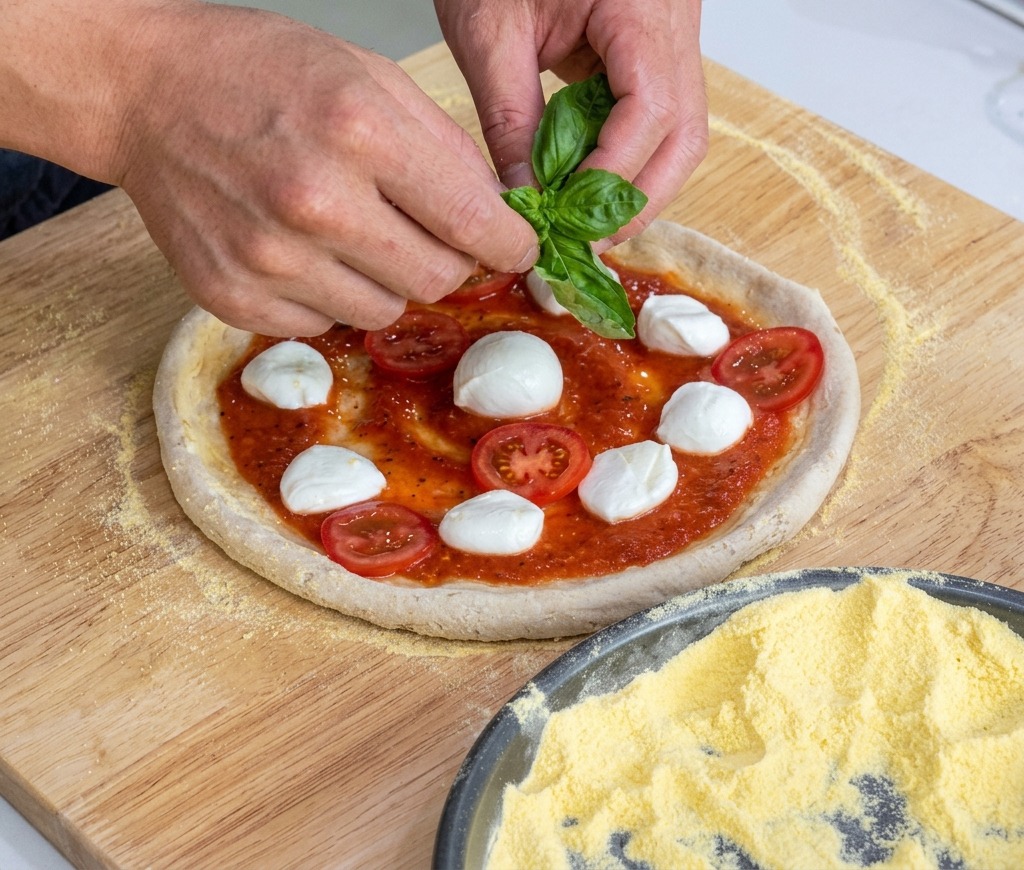 Hands placing fresh basil leaves on top of an unbaked Margherita pizza.