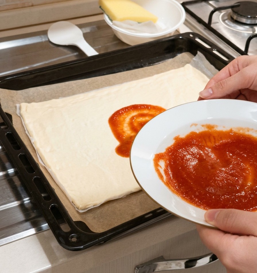 A hand holding a white plate of red tomato sauce while pouring a spoonful onto the center of a raw rectangular pizza crust.