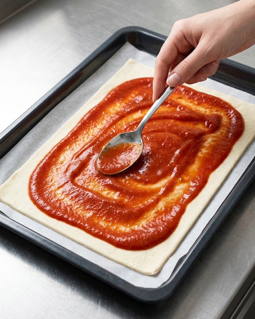 A metal spoon spreading a vibrant red tomato sauce in an even layer across the raw pizza dough surface.