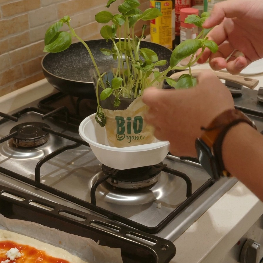 Two hands picking fresh green basil leaves from a small potted basil plant resting in a plastic bowl on a stovetop.