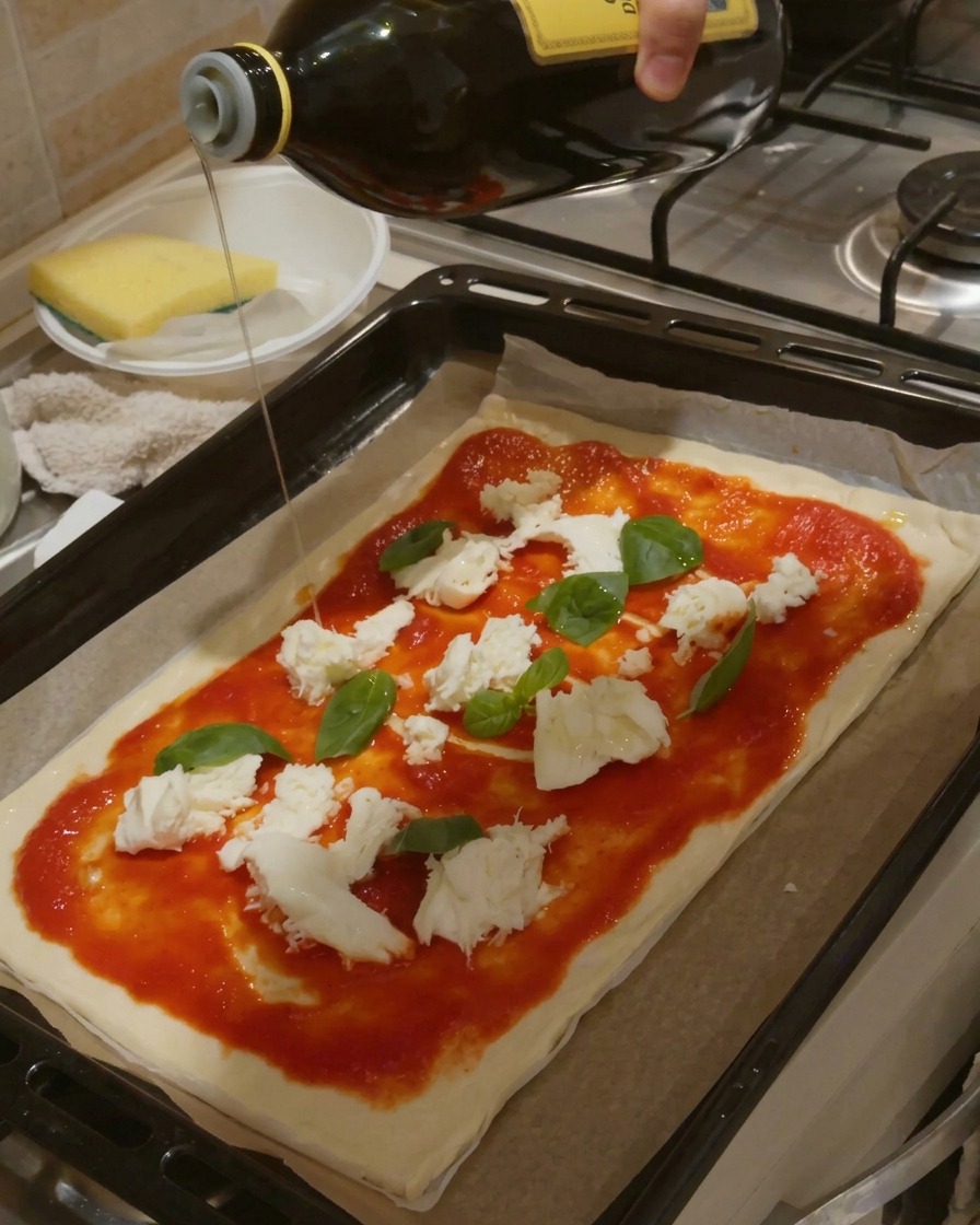 Hand pouring olive oil from a dark green bottle over an unbaked Margherita pizza on a baking tray.