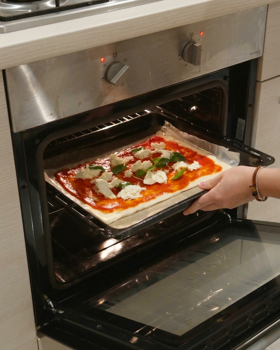 Hands sliding a baking tray holding an uncooked Margherita pizza topped with tomato sauce, fresh mozzarella chunks, and basil leaves into a hot oven.