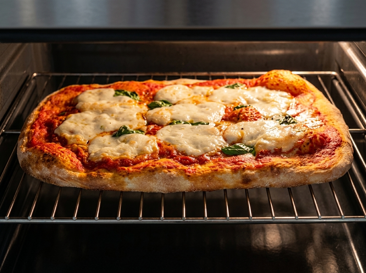 Margherita pizza baking inside an oven with melted mozzarella cheese and bubbling tomato sauce on a golden crust.