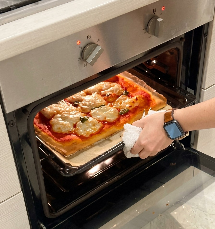 Hands using a white towel to carefully pull a freshly baked Margherita pizza out of the hot oven.