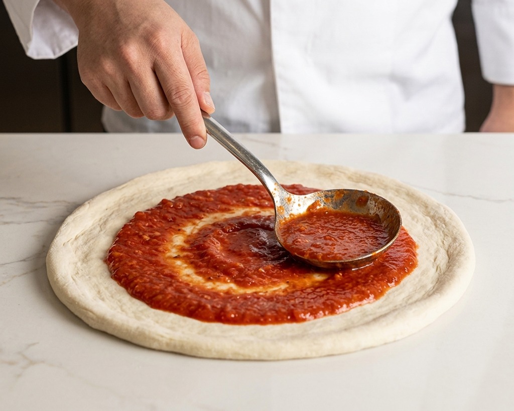 A chef using a metal ladle to spread red tomato sauce in a circle over raw pizza dough.