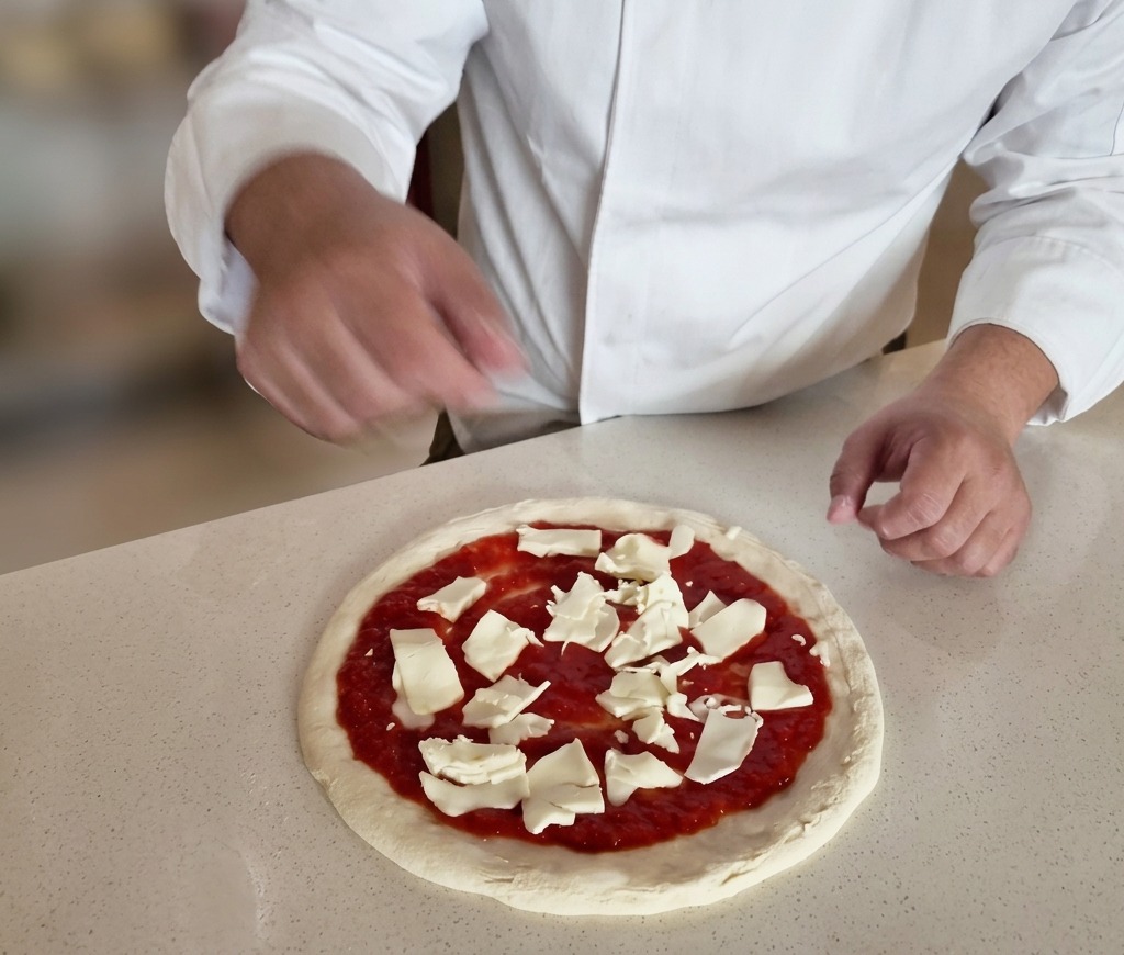 Torn pieces of fresh white mozzarella cheese being scattered onto a tomato-sauced pizza crust.