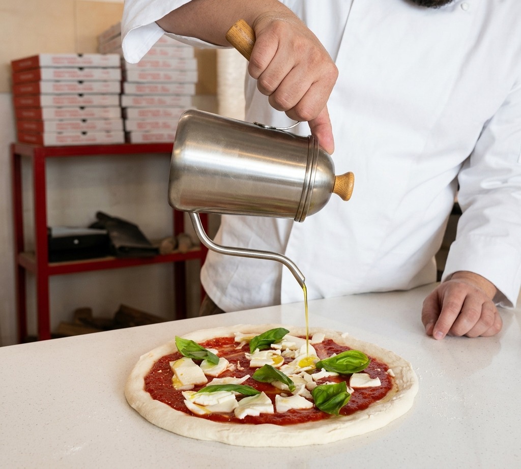 Chef drizzling olive oil from a metal cruet over an unbaked pizza topped with tomato sauce, mozzarella, and basil.