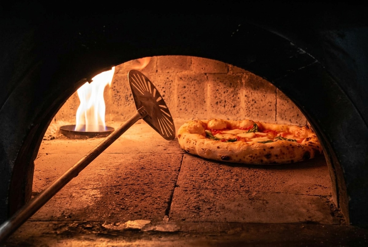 A Margherita pizza baking on the stone floor of a wood-fired oven, its crust bubbling and charring near an open flame.