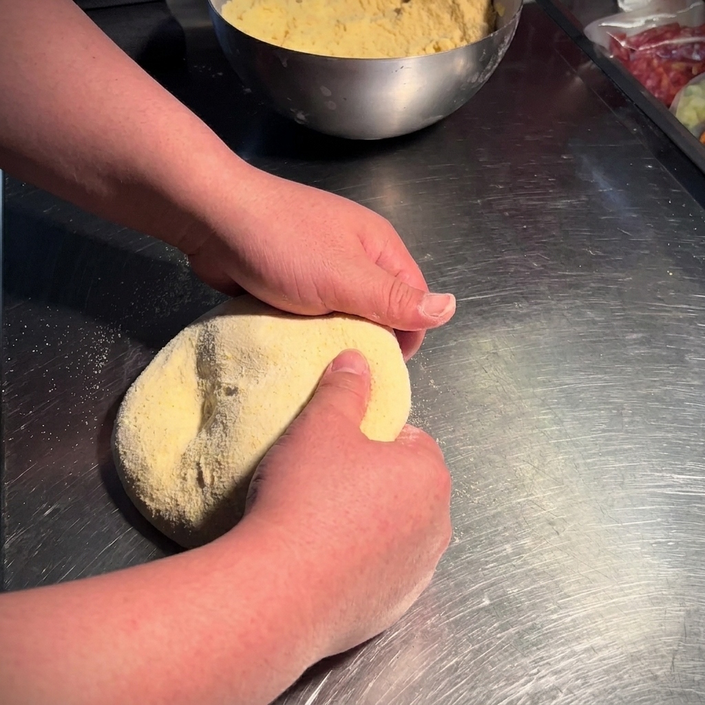 Chefs hands gently folding a round ball of pizza dough on a floured stainless steel surface.