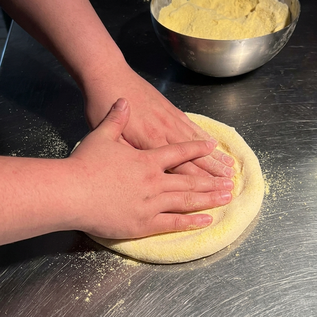 Both hands pressing a round pizza dough flat on a metal surface sprinkled with flour.