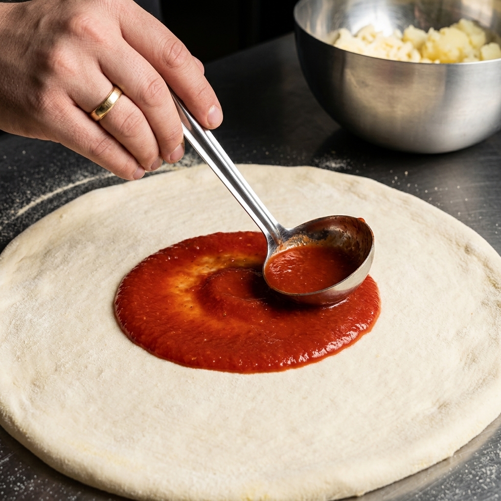 A metal ladle pouring red tomato sauce into the center of a flattened pizza dough.