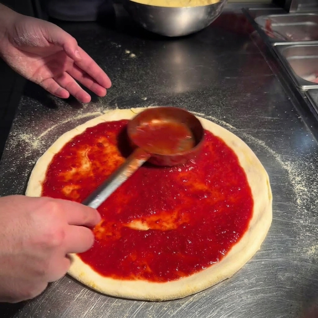 Using the bottom of a ladle to spread red tomato sauce in an outward circular motion on pizza dough.