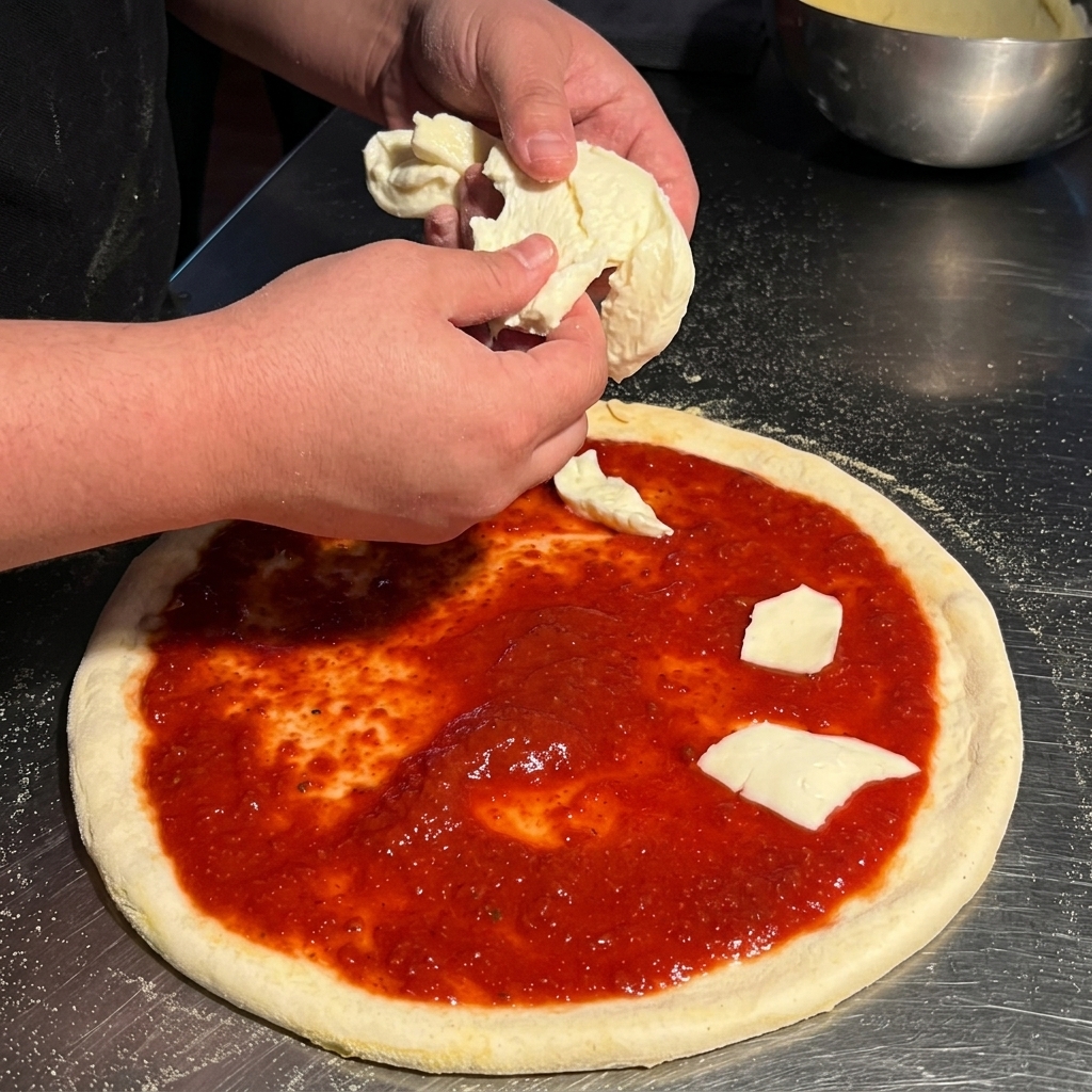 Hands tearing pieces of fresh white mozzarella and scattering them over a tomato sauce-covered pizza base.