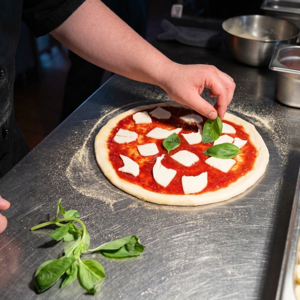 A hand placing fresh green basil leaves onto a raw pizza prepared with tomato sauce and mozzarella cheese.